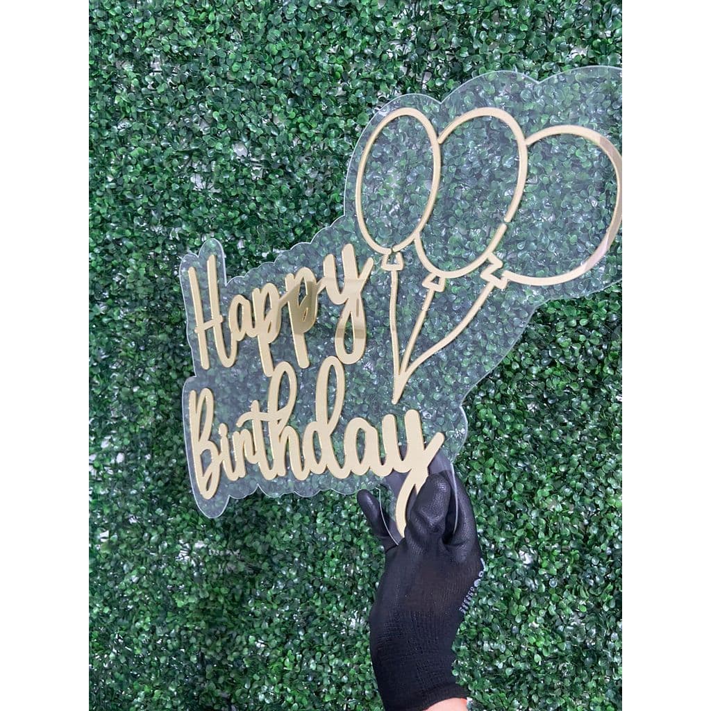Placa Acrílico Transparente Happy Birthday Letras Douradas Balões 50cm Decoração Festa Aniversário Mesa Bolo