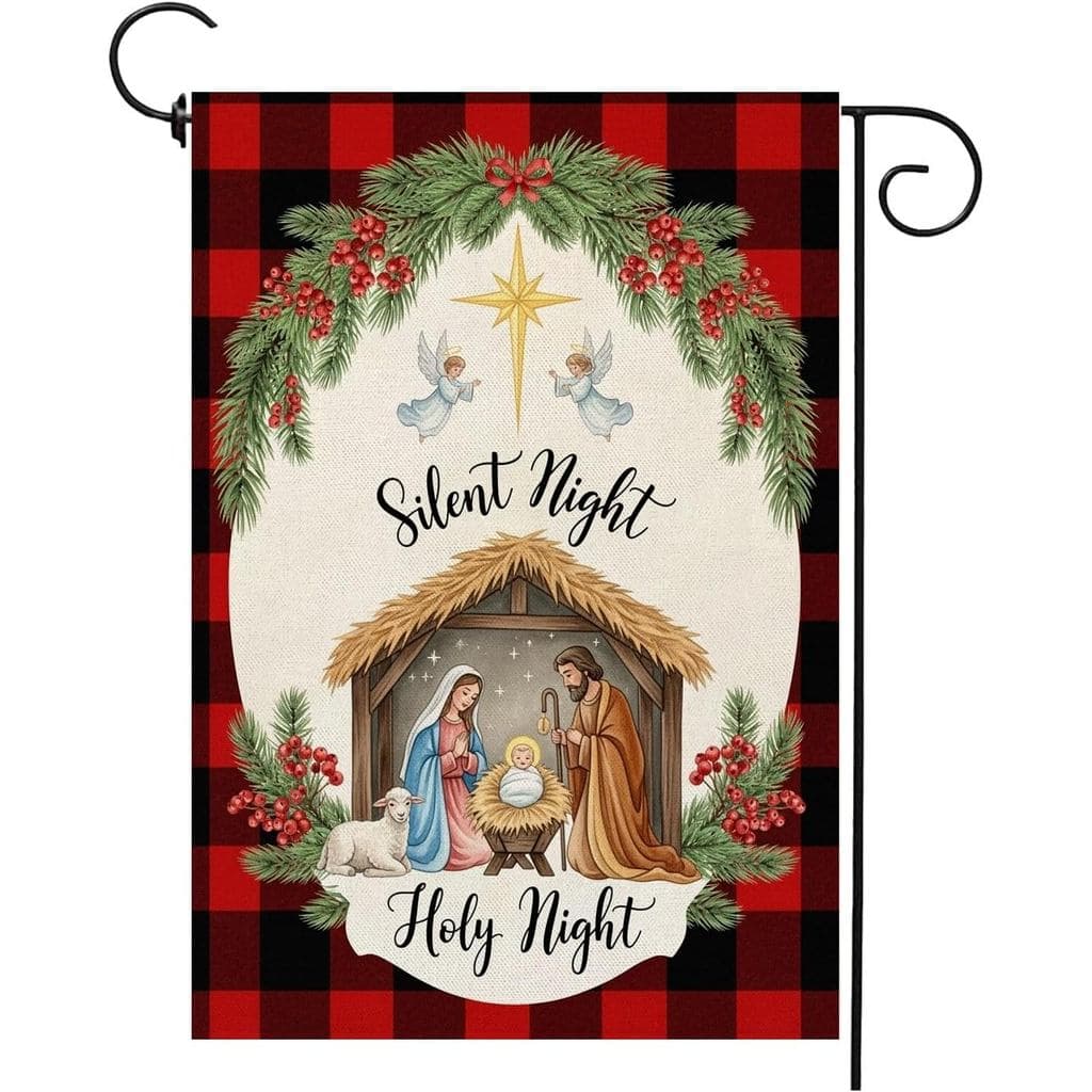 Bandeira de Jardim de Natal com Estampa Xadrez Búfalo, Cena do Nascimento, Noite Santa Silenciosa, 12x18 Polegadas, Dupl