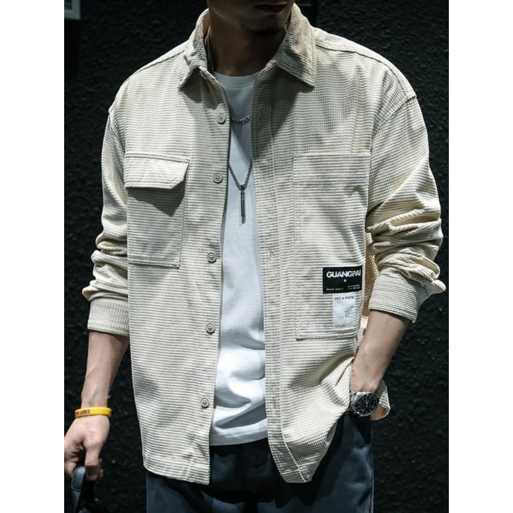 High-End japonês Retro Waffle camisa de manga comprida masculina 2024 outono novo estilo xadrez textura camisa jaqueta