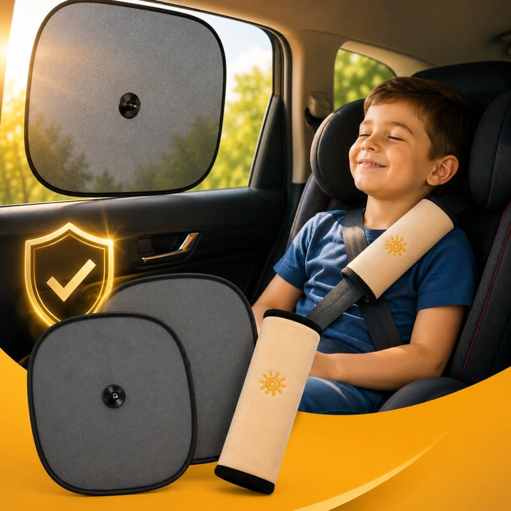 kit 2 Protetores janelas para cada lada + Almofada Descanso Cabeça Para Cinto Kit Proteção Solar Infantil