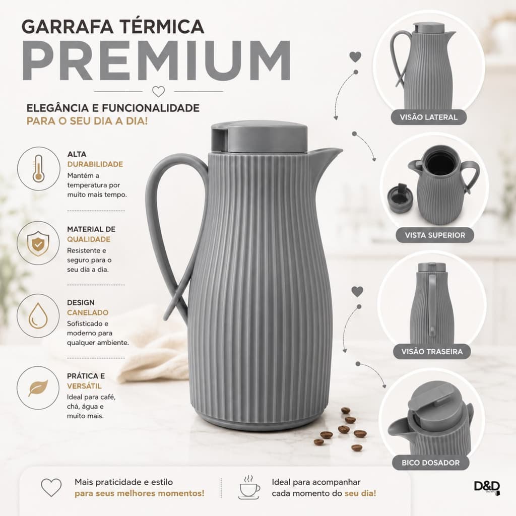 Garrafa Térmica 1Litro Premium Canelada Alça Continua Café Chá Mantém Quente Frio Decorativa BPAFree