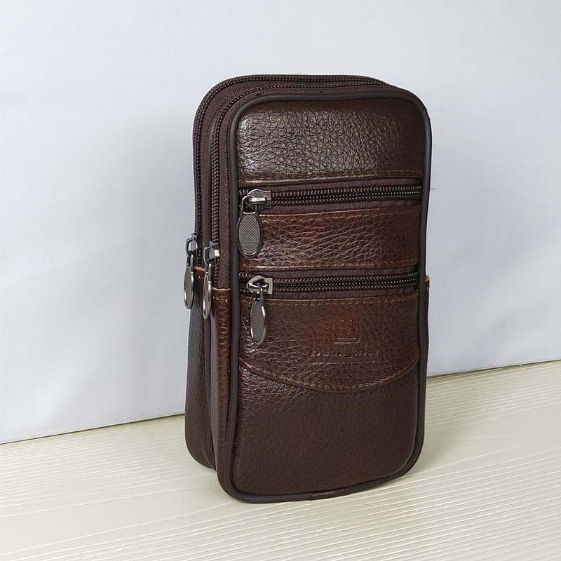 Couro Horizontal Vertical saco do telefone móvel masculino 4 zíper saco multifuncional usar cinto pendurado cintura saco
