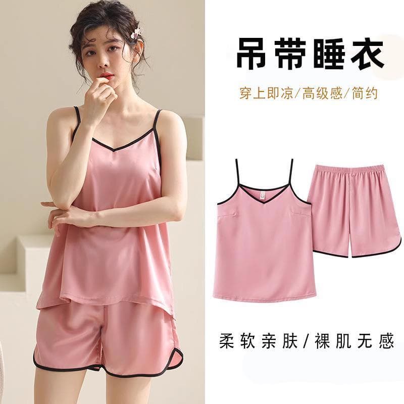Pijamas de verão estilingue feminino terno de seda gelo tamanho grande cor sólida Homewear cetim colete fino terno de du
