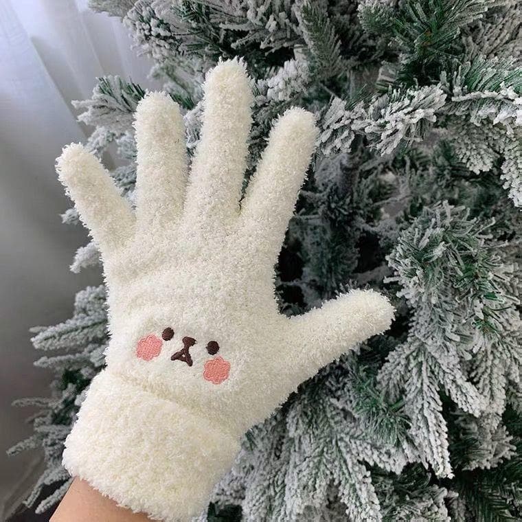 Luvas japonesas para meninas, inverno, quente, sem fiapos, meio lado, lã, dedo dividido, bordado, fofo, macio, desenho a