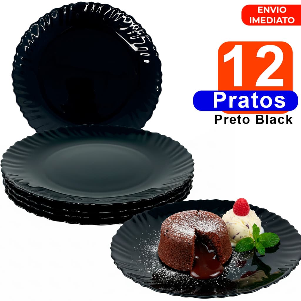 Jogo Pratos Para Sobremesa 12 Unidades em Vidro preto semelhante Duralex Resistente