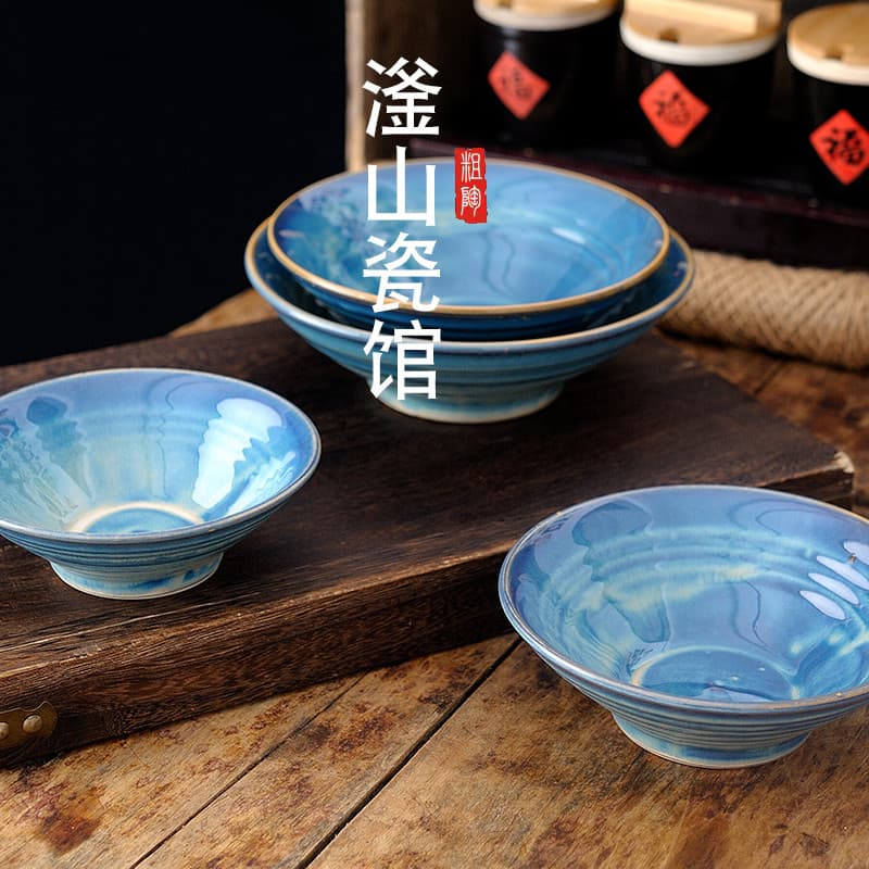 Tigela de sopa colorida azul virada em forno, tigela grande de macarrão, panela de sopa, tigela de arroz, tigela profund