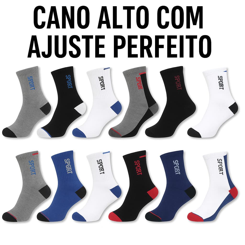 3/6/9/12 PARES MEIA MASCULINA LONGA COM ALGODÃO | TAM. 39-46 JJ