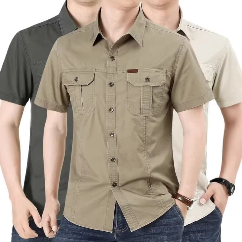 Verão camisa de manga curta roupas masculinas tamanho grande uniforme militar ferramentas ao ar livre solto Casual poleg