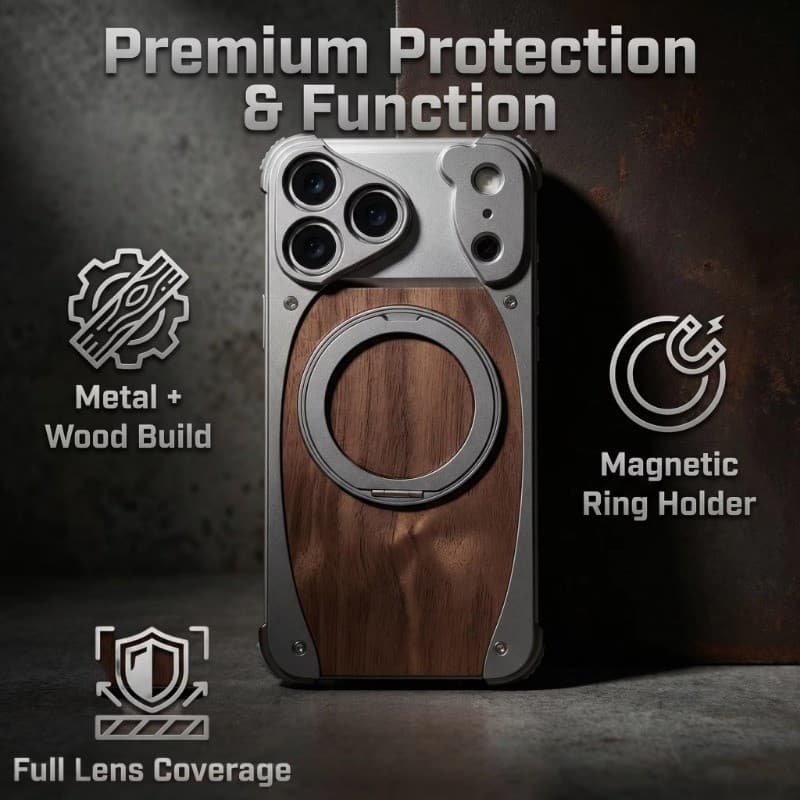 Capa De Telefone Sem Moldura De Madeira De Nogueira Com Metal De Luxo Para iPhone 17 16 15 14 13 Pro Max 360 ° Suporte G
