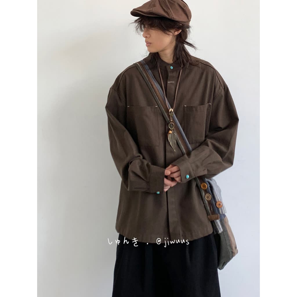 Outono novo estilo estilo japonês unissex Vintage camisa de manga comprida meninos meninas solto cor sólida Retro Casual