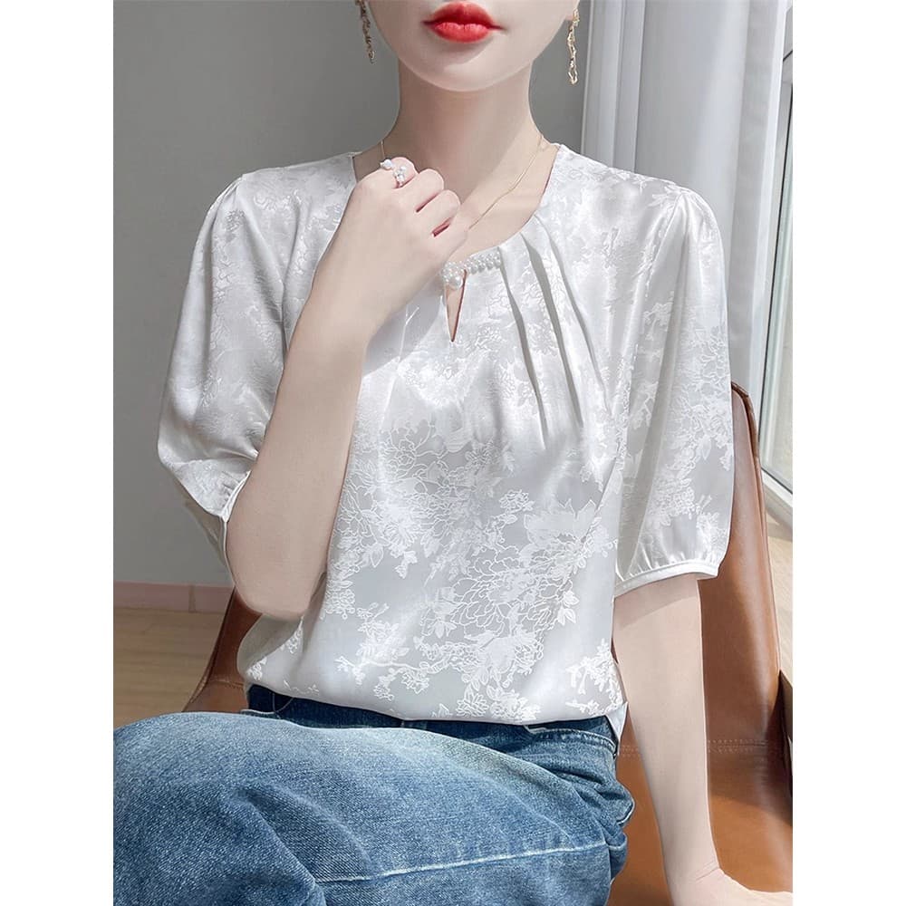 High-End atmosférico cetim em torno do pescoço de manga curta feminino sentimento requintado estilo ocidental Jacquard c