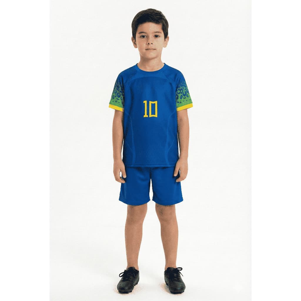 Conjunto Infantil Copa Do Mundo Brasil Menino Menina Roupa Azul onça  e Verde Torcer Futebol