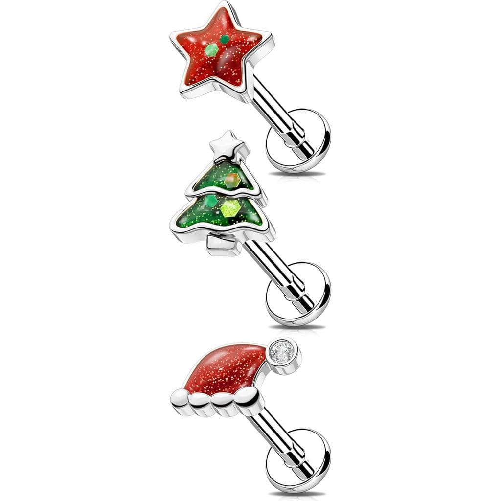 MeIighting 3 Peças Brincos de Natal Helix com Rosca Interna 16G, Brincos de Cartilagem em Aço Inoxidável 316L 8mm, Pierc