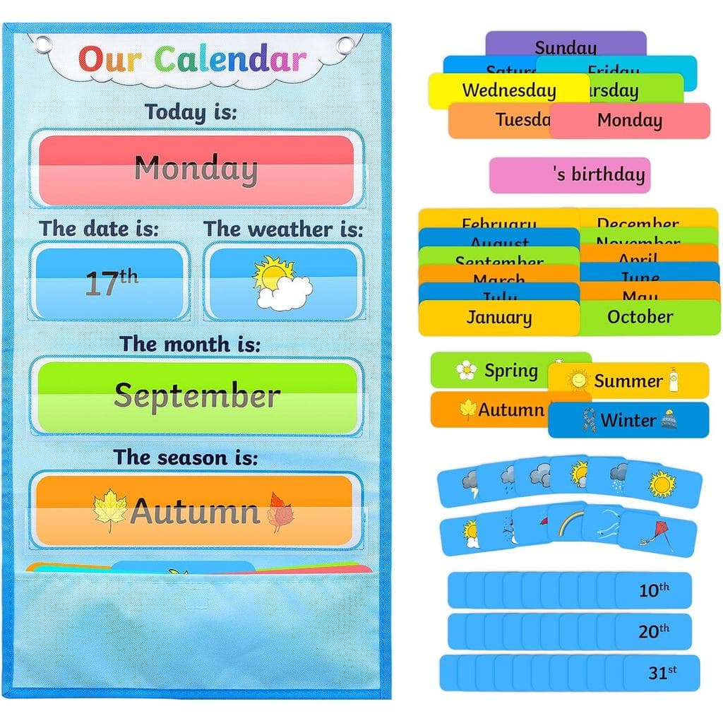 Calendário com Gráfico de Clima, Calendário Mensal para Sala de Aula com 72 Cartões, Calendário Infantil para Sala de Au