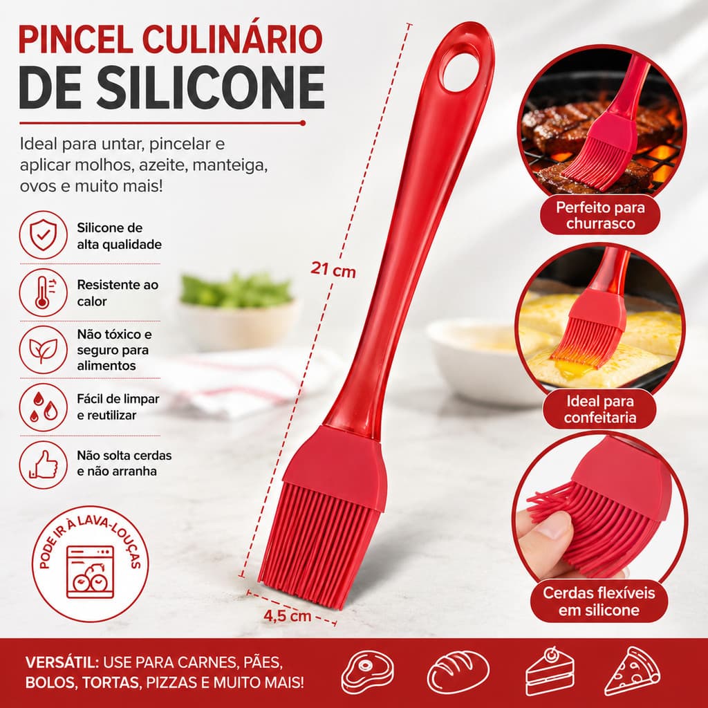 Pincel Culinário de Silicone Vermelho para Untar Carnes Bolos Pães e Churrasco