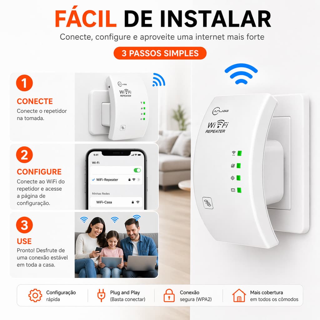 Repetidor Amplificador de Sinal WiFi 600Mbps Ultra Rápido com Forte Cobertura ACHEI GLAM