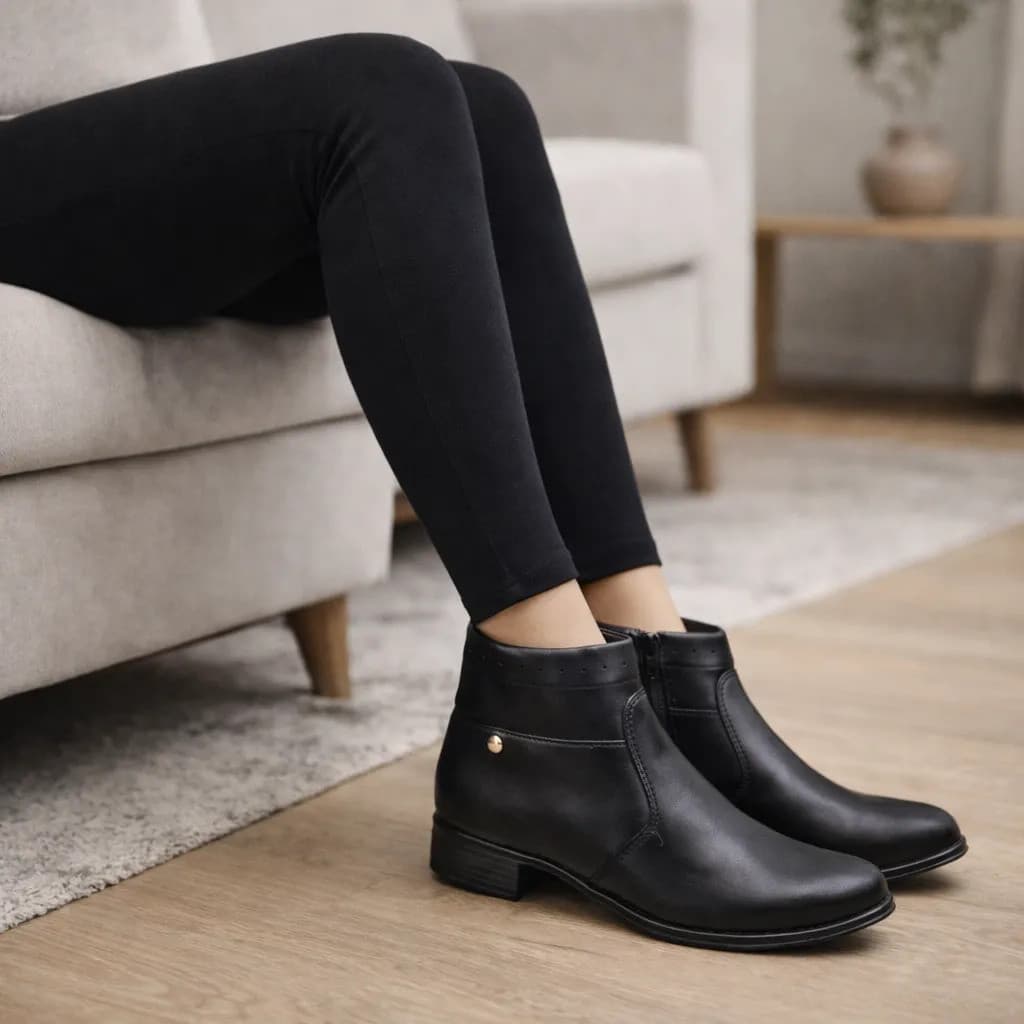 Bota Coturno Feminino Cano Baixo Salto Médio Leve Antiderrapante Couro Macio Confortavel Calce Facil