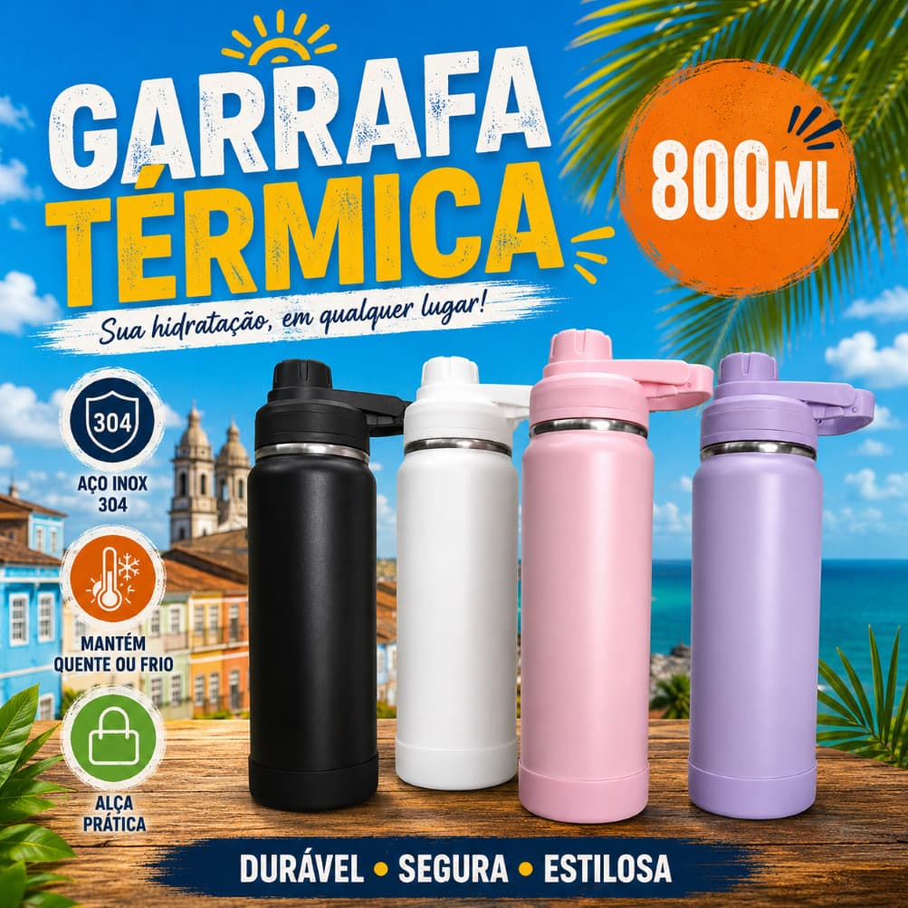 Garrafa Térmica Inox 800ml Esportiva Com Alça Portátil Academia Água Fria Quente