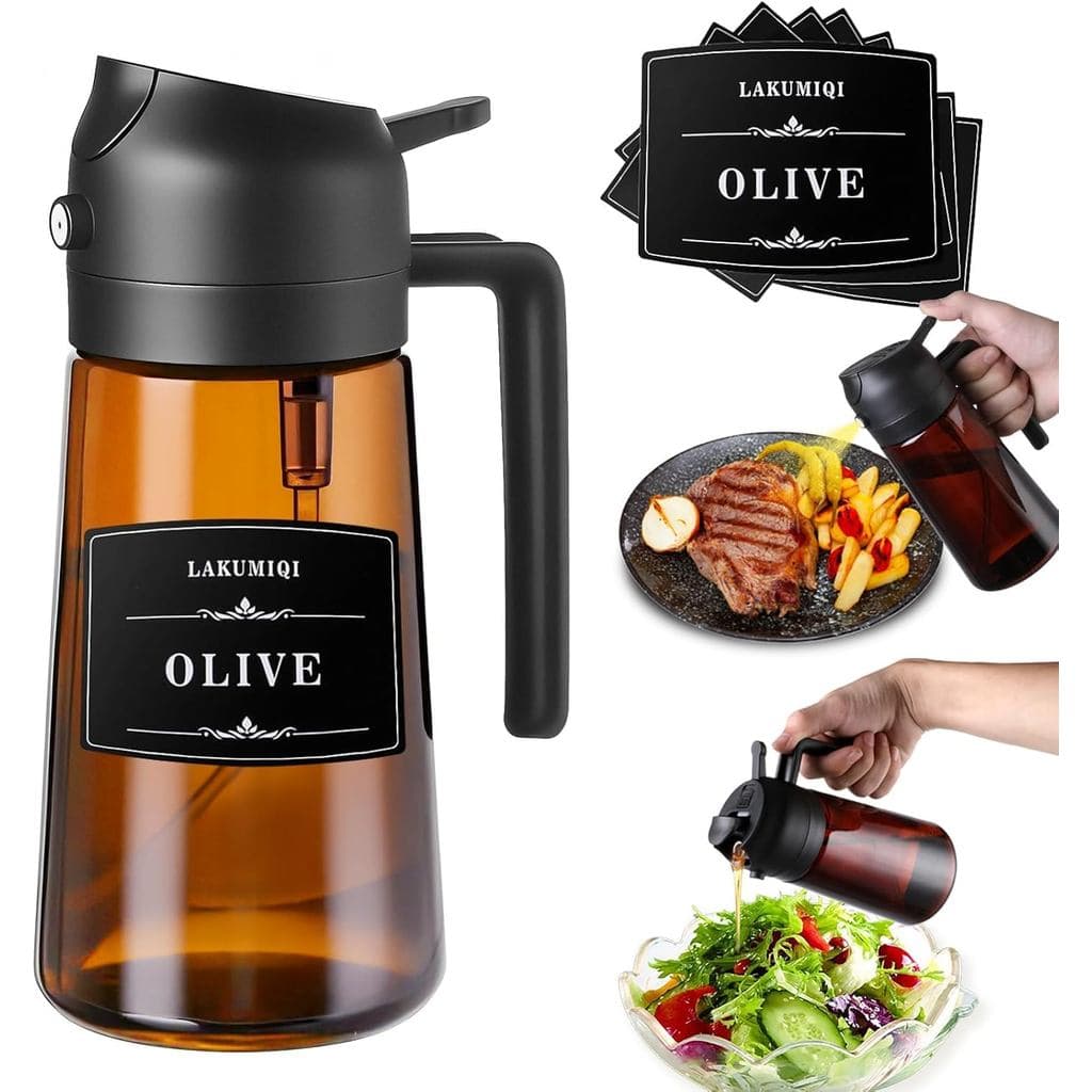 LAKUMIQI Pulverizador de Azeite 2 em 1 para Air Fryer – Dispensador de Óleo de Vidro de 16oz e Pulverizador de Óleo Culi