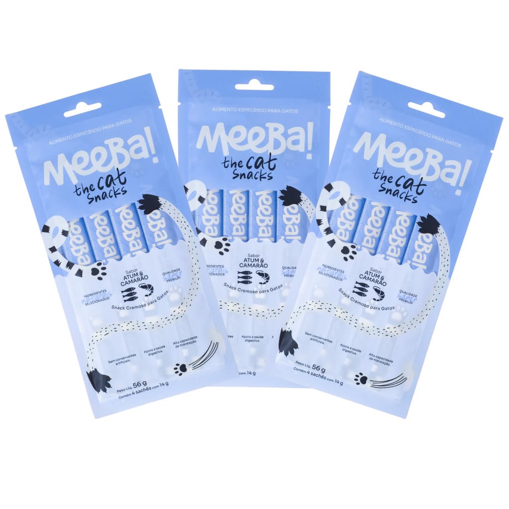 Kit 3 Petisco Úmido para Gatos Hidratação Snack Natural Patê Atum E Camarão 12 Sachê 14g