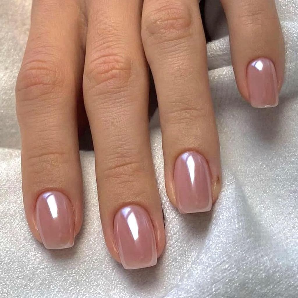 Unhas Postiças Curtas Quadradas ChromePressonNails com Design Cromado, Unhas Postiças Brilhantes, Unhas Postiças de Cobe