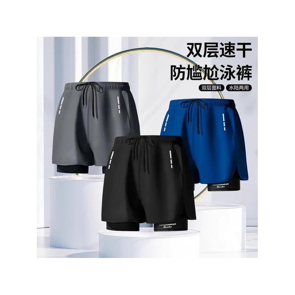 Calções de banho masculinos dupla camada Anti-constrangimento de secagem rápida tamanho grande Boxer maiô profissional p