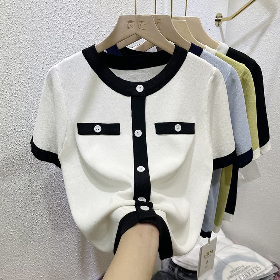 Capa solta barriga [40-100kg] em torno do pescoço contraste cor gelo seda manga curta camiseta feminina verão novo estil