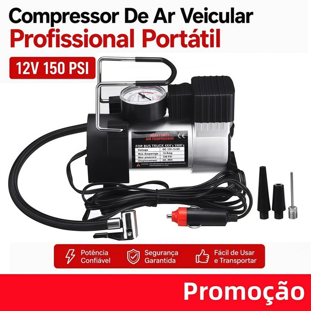 Compressor de ar portátil profissional de 12 V e 150 PSI para veículos, adequado para carros, caminhões, vans e ônibus