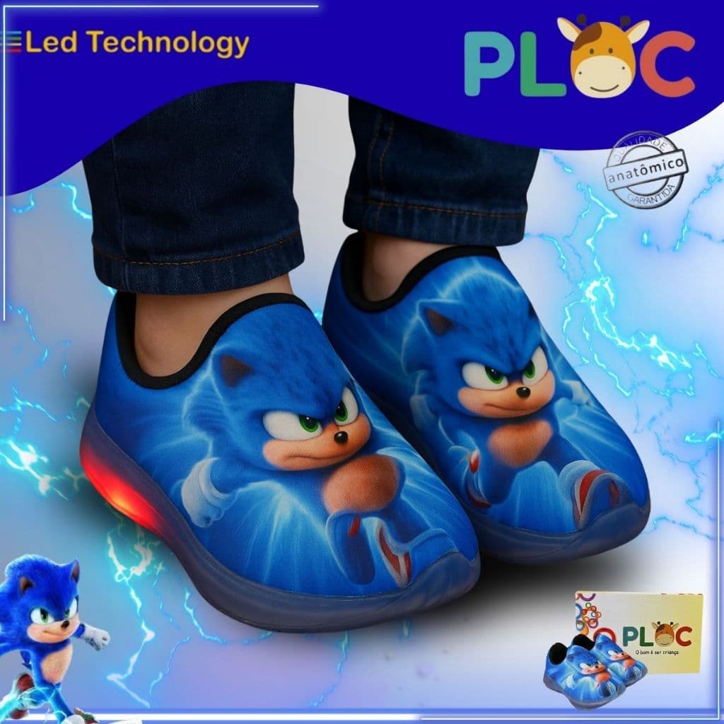 Tênis Led Tecnology Cores Ploc Pisou Piscou Personagens - Sonic Menino