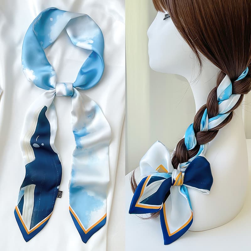 Azul pequeno longo tira estreita lenço de seda feminino fita gravata cabeça trançada bandana gravata saco combinando cam