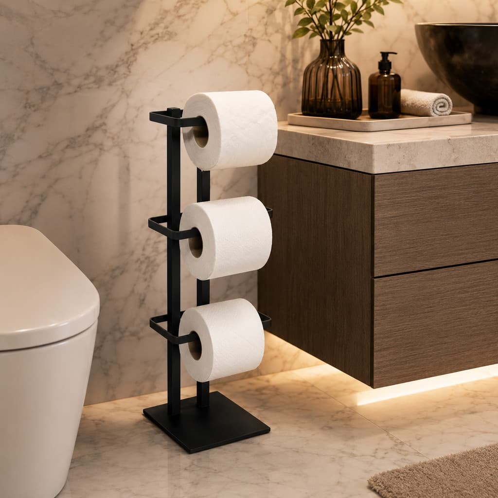 Suporte Porta Papel Higiênico Triplo 3 Rolos de Chão Preto Fosco