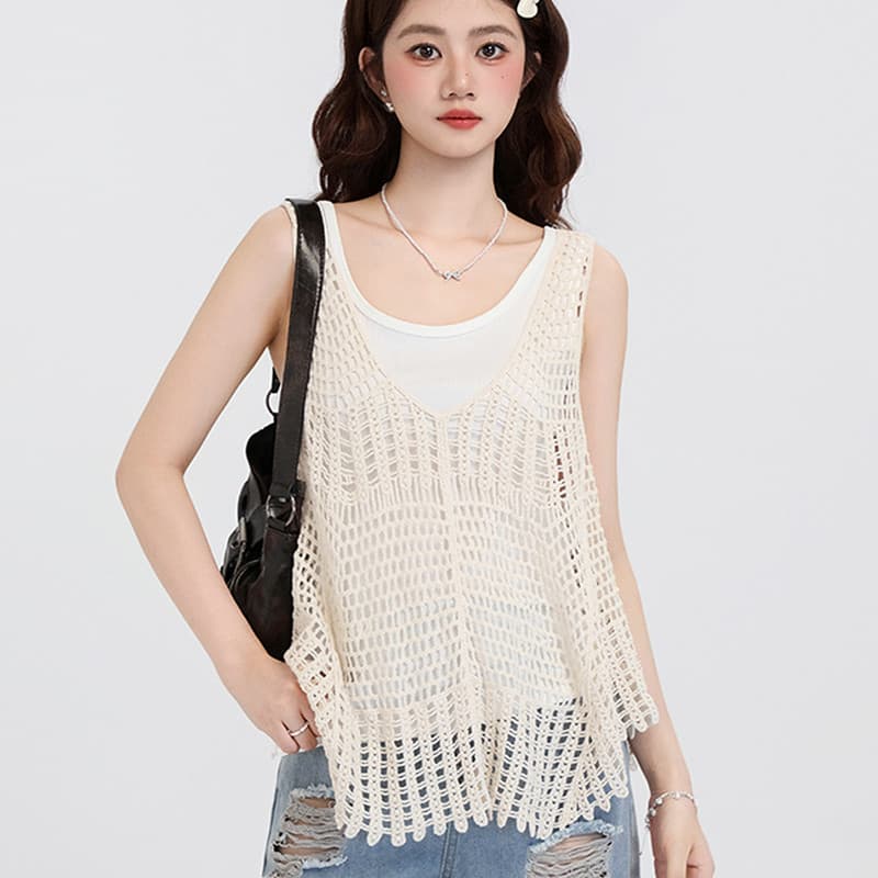 2025 verão oco malha colete blusa estilingue feminino Design exterior nicho sem mangas colete topo na moda