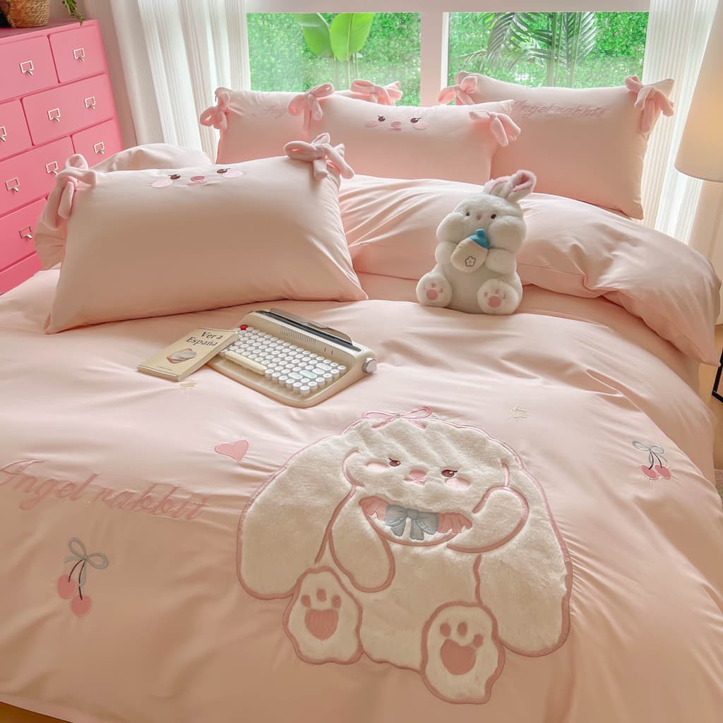 Cama de algodão estilo princesa conjunto de quatro peças bordado dos desenhos animados pequeno coelho branco puro algodã