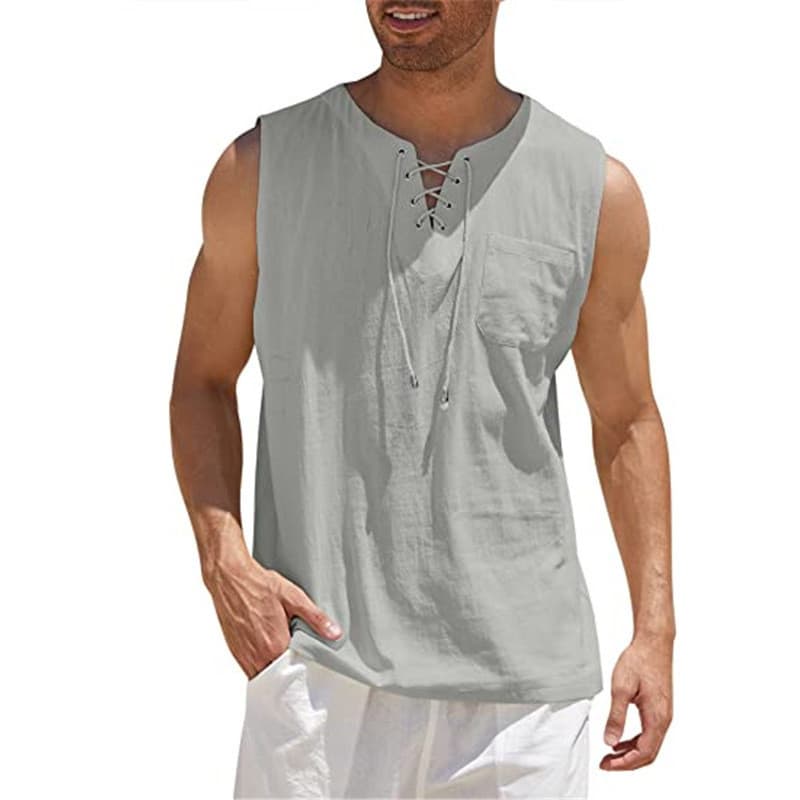 Estilo americano tamanho grande cor sólida sem mangas camisa masculina colete amarrado moda imitação de algodão linho ma
