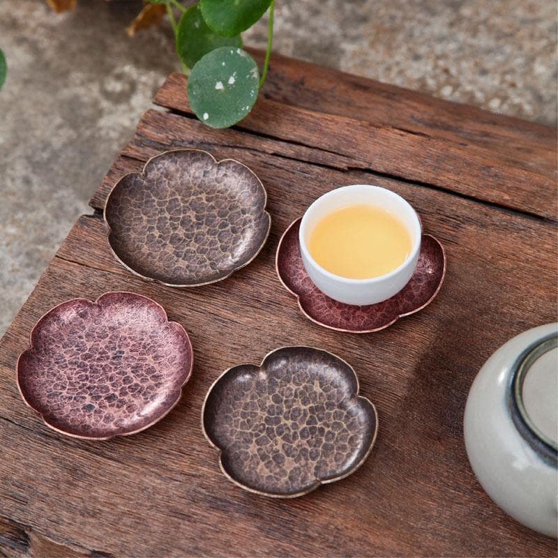 Banyi porta-copos de cobre estilo japonês feito à mão com padrão de martelo suporte de copo antiderrapante almofada de i