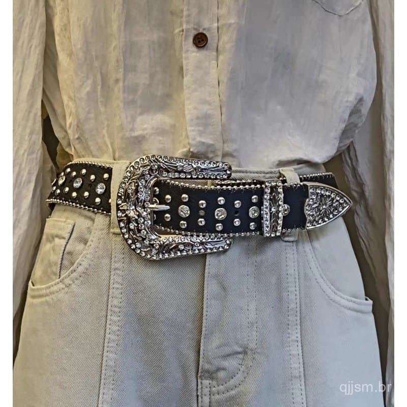 Cinto Preto com Cruz Estilo Punk Western Cowboy Cowgirl ‌     Elegante Calçado Feminino Country com Cruz de Strass e Reb