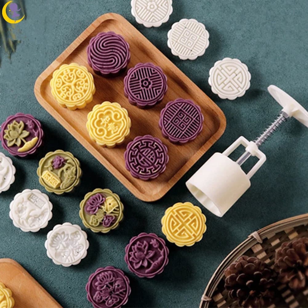 Conjunto de 10 moldes redondos/quadrados para mooncake, com padrões de flores redondos/quadrados, 100g, ferramentas arte