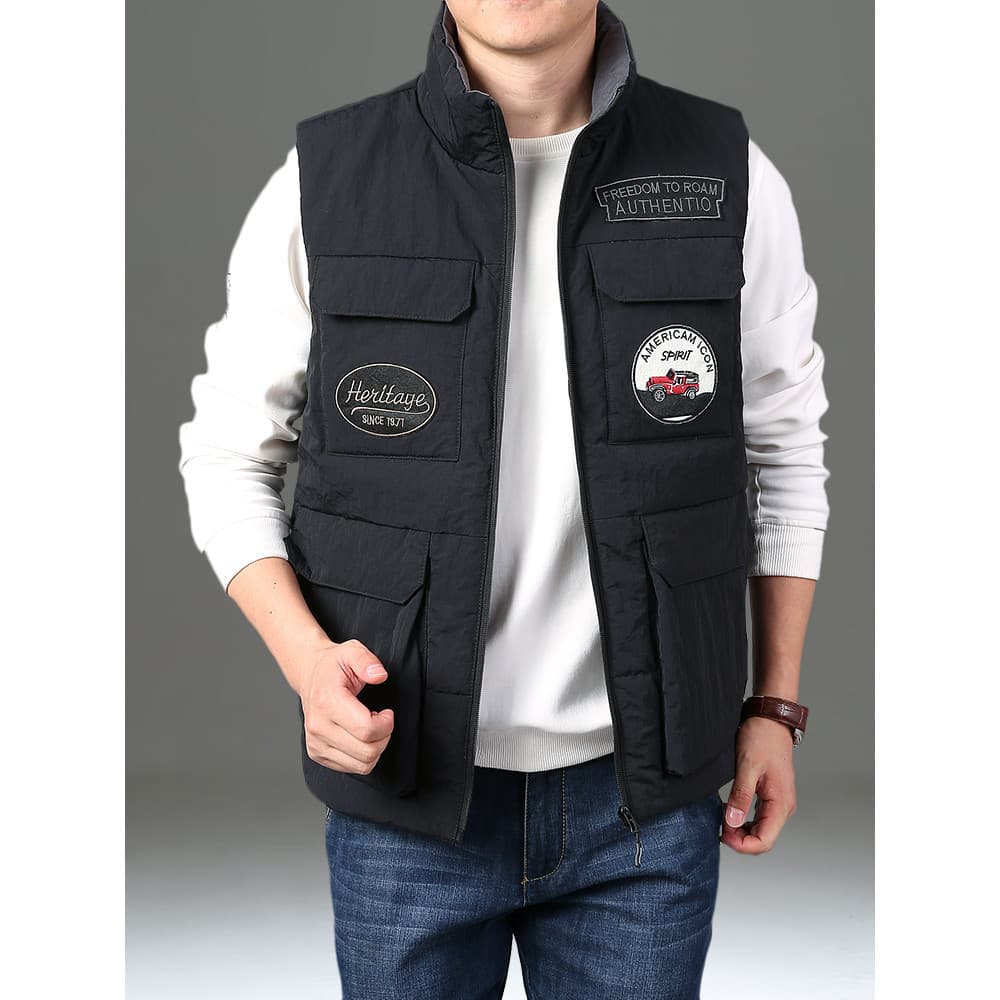 Colete masculino engrossado Casual na moda Multi-bolso exterior acolchoado jaqueta colete gola alta jaqueta masculina ou