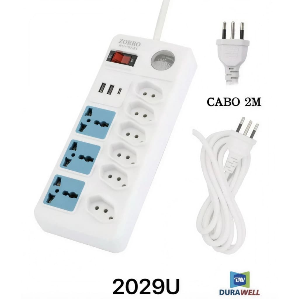 Régua Filtro de Linha 6 Tomadas Extensão Elétrica 3 Universal 2 USB Bivolt 10A 110v/220v Cabo 2M