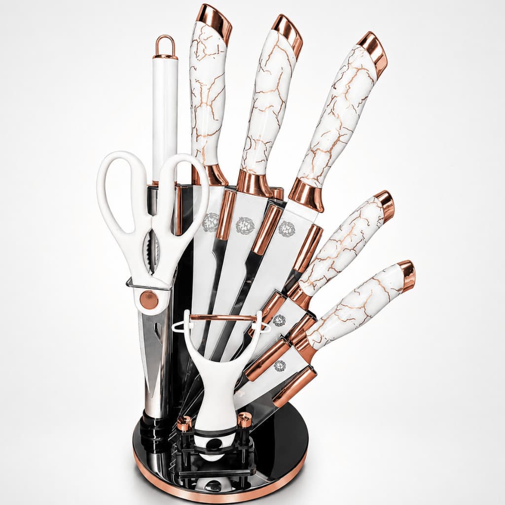 Kit Facas Chef 9 Peças Rosé Gold Premium com Base Giratória 360° e Lâminas em Aço Inox