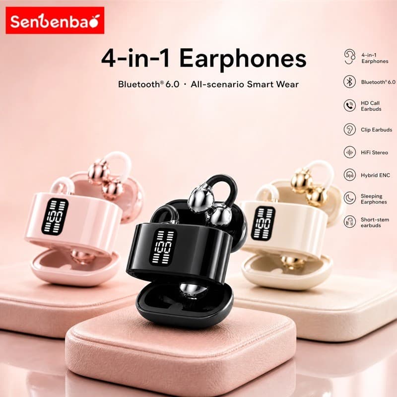 Senbenbao Fones De Ouvido B55 4 Em 1 Clip On Earbuds BT 6.0 Galvanoplastia Avançada NEC Com Cancelamento De Ruído IPX5 B