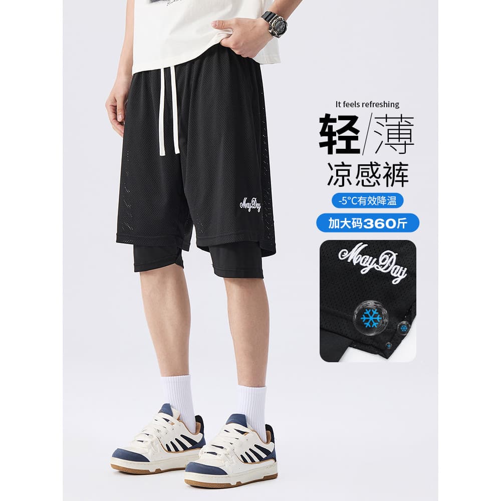 Moda tamanho grande dupla camada correndo Shorts masculino forro Casual falso de duas peças de secagem rápida cinco pont