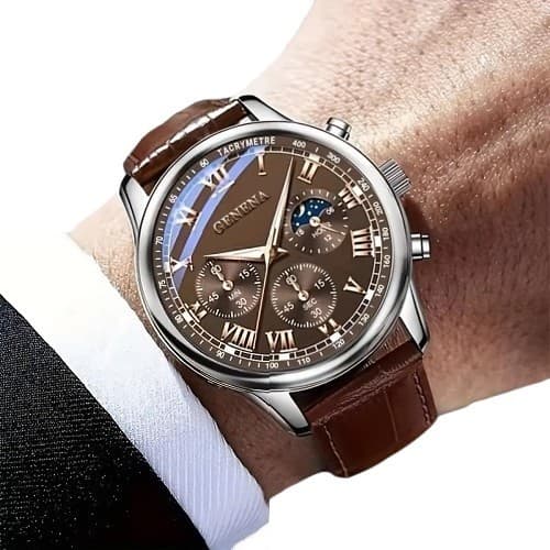 Relógio Quartzo Masculino Pulseira Couro Luxo E Casual