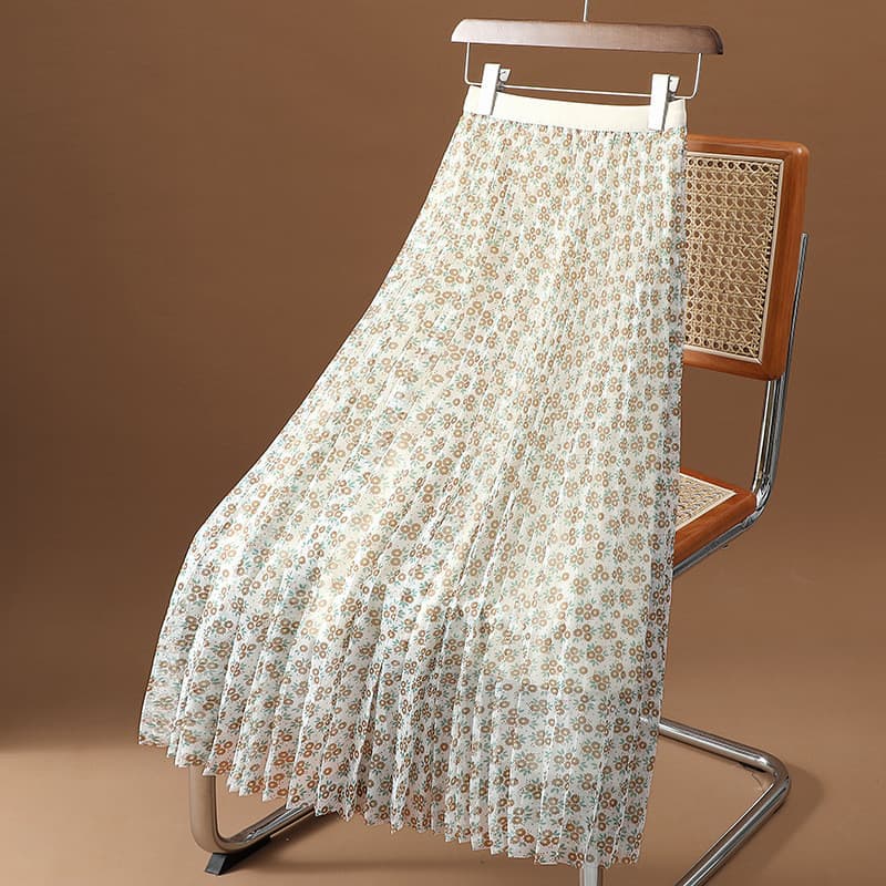 Impresso high-End malha saia feminina verão novo estilo cintura alta Floral grande bainha comprimento médio saia plissad