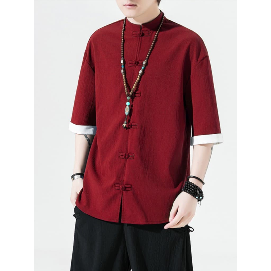 Estilo chinês verão estilo chinês fivela Tang terno camisa de manga curta Catering masculino loja de medicina chinesa ce