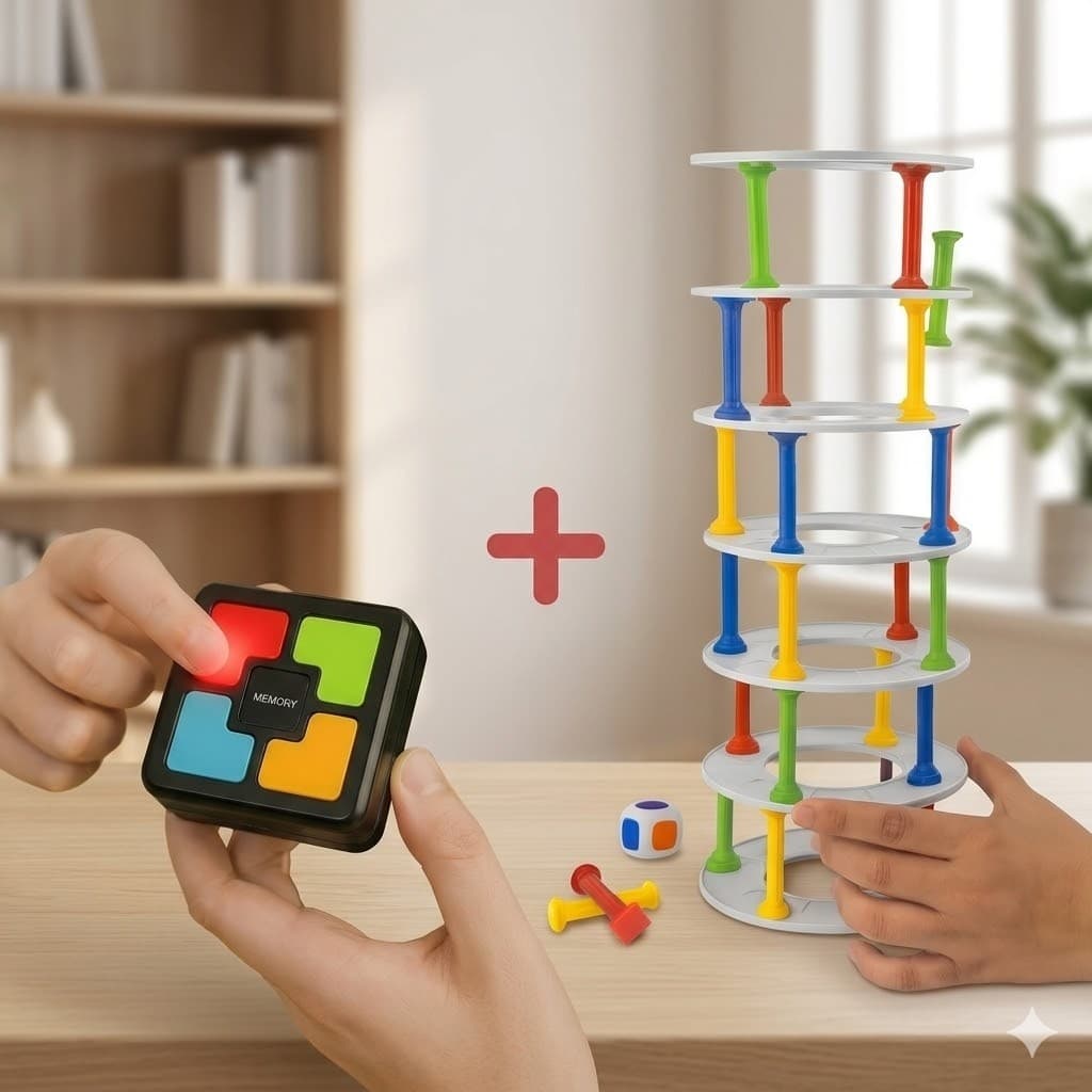Kit de Jogos Educativos Infantis Derruba Torre e Memória com Luz e Som