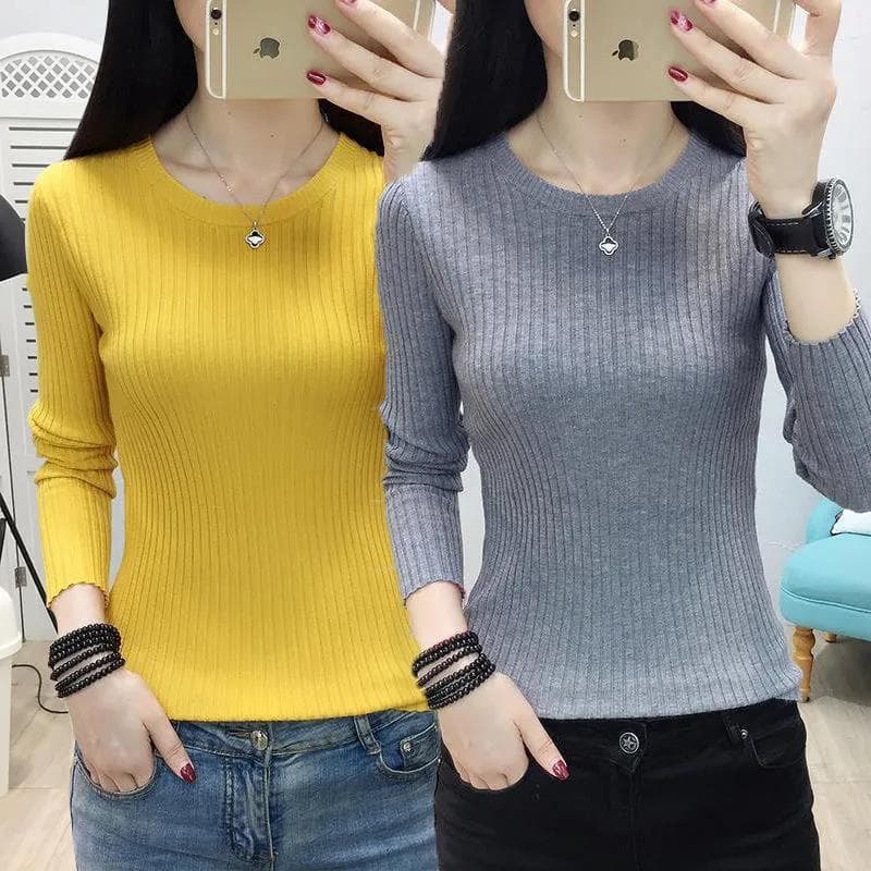 Suéter feminino com gola redonda/meia gola alta, versão coreana 2025, pulôver, cor sólida, manga comprida, Slim fit, apa