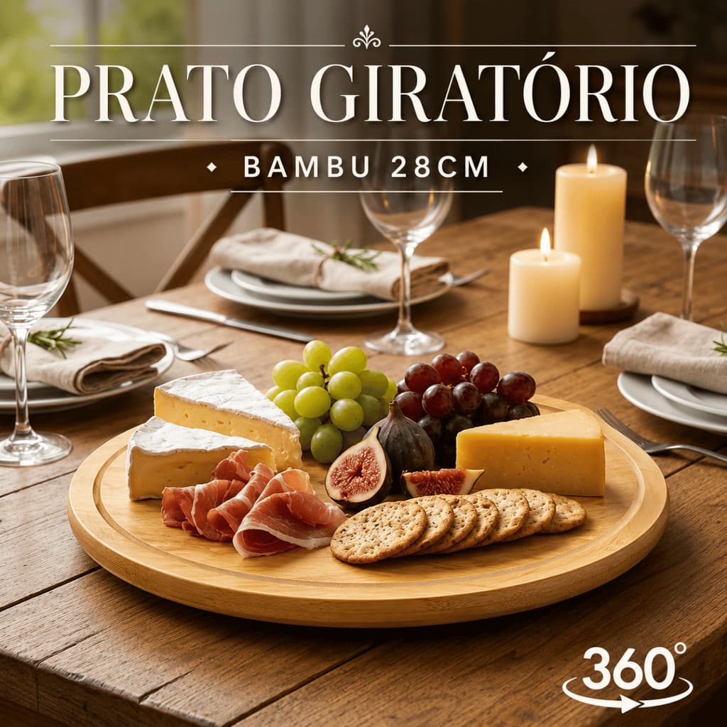 Petisqueira Giratória Bambu 28cm Tábua Bandeja Frios Bandeja Petiscos Mesa Posta Café da Manhã 360 Cozinha Decoração