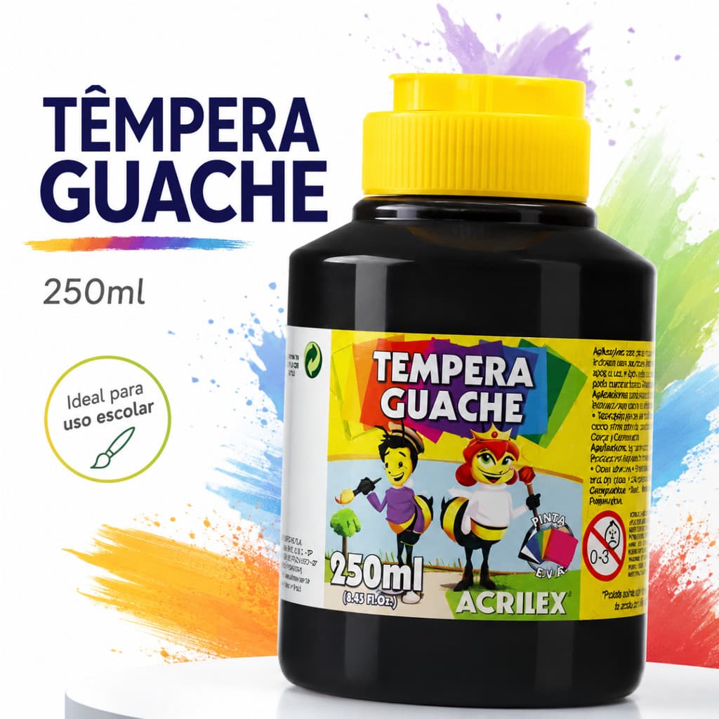 Tinta Têmpera Guache Acrilex Preta 250ml Escolar Artes Pintura Infantil Artesanato Criativo Arte