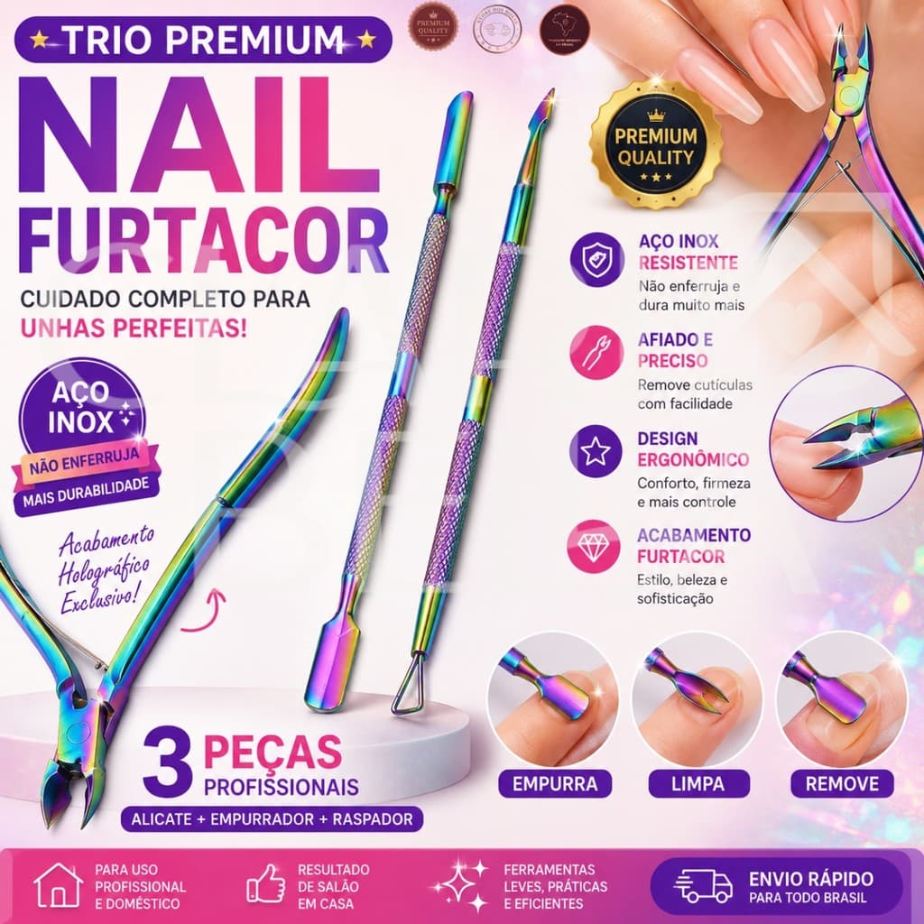 Trio Premium Nail Furtacor Alicate cutícula, Empurrador e Raspador – 3 Peças em Aço Inox | Profissional e para Casa